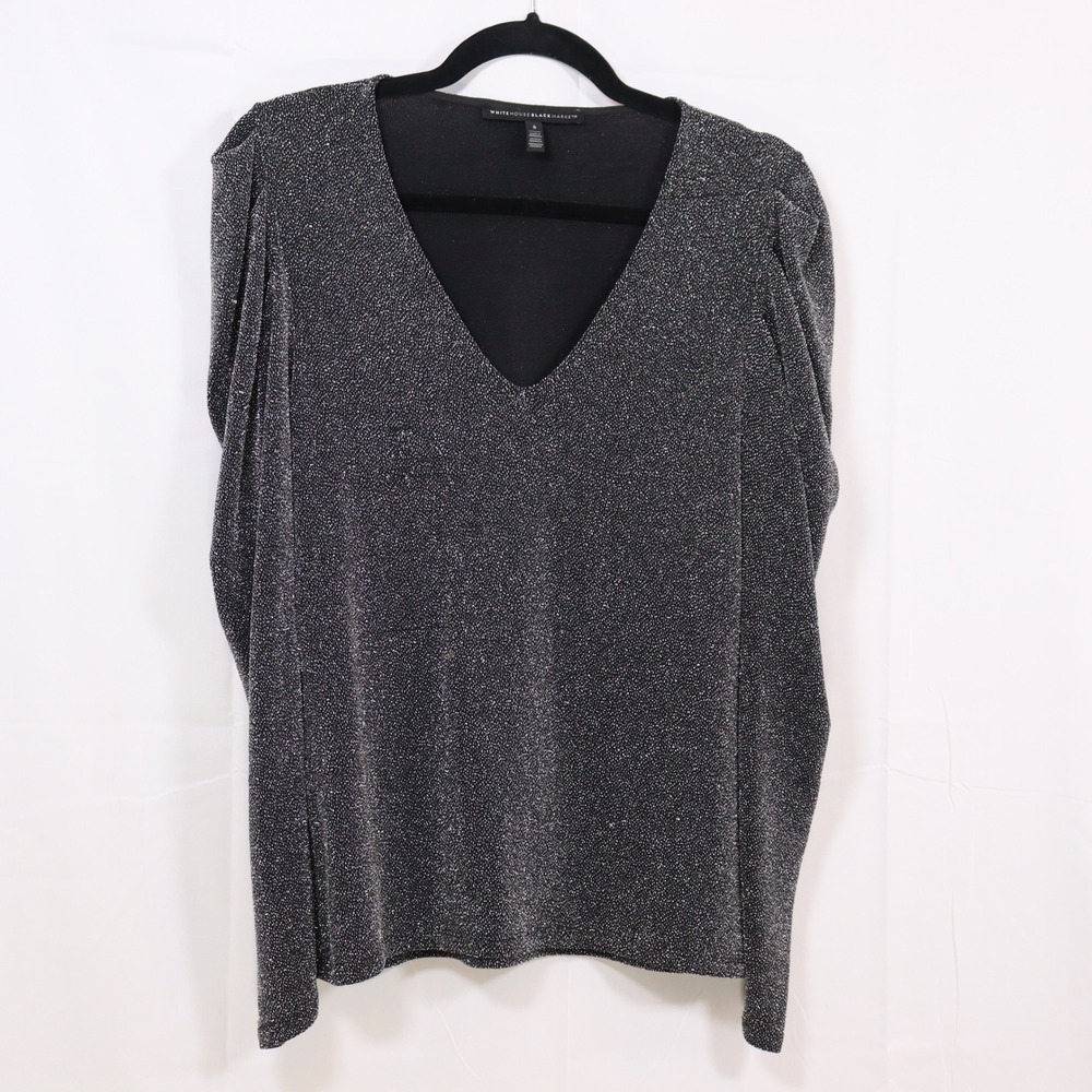 White House Black Market Metallic Top‎ S Black Womens V-Neck Shimmer Blouse